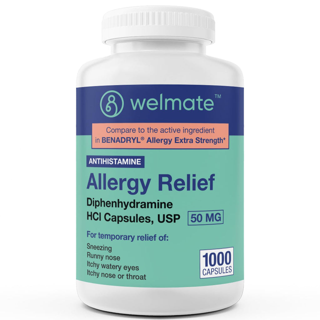 WELMATE Allergy Relief Diphenhydramine 50 mg — 1000 Count Capsules | Antihistamine for Sneezing, Runny Nose & Itchy Eyes