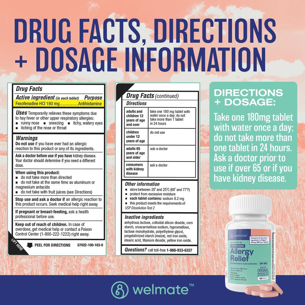 WELMATE Allergy Relief - Fexofenadine HCl 180 mg | 24 Hour Non-Drowsy Antihistamine | 100 Count