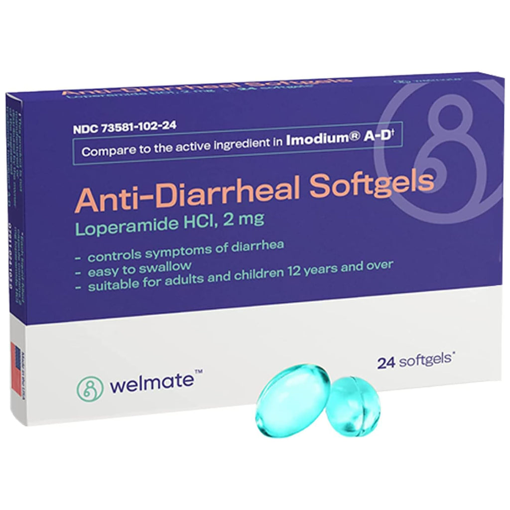 WELMATE Anti-Diarrheal Softgels 24 Count - Loperamide HCl 2 mg for Diarrhea Symptom Relief