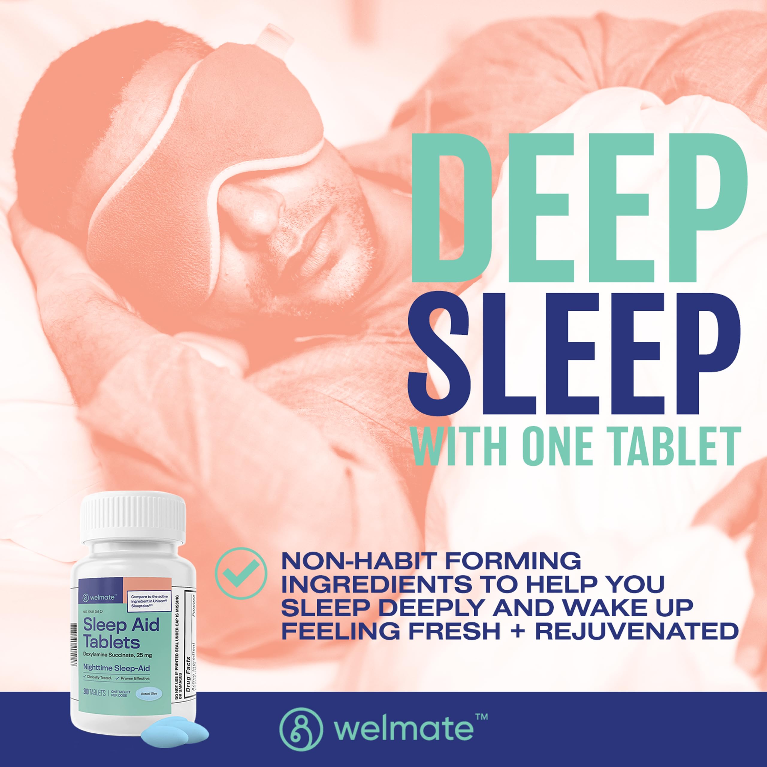 WELMATE Nighttime Sleep Aid 25 mg Doxylamine Succinate – 200 Tablets | Adults & 12+