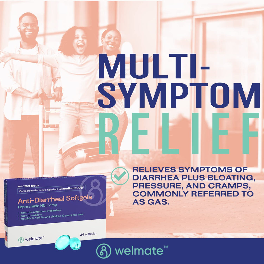 WELMATE Anti-Diarrheal Softgels 24 Count - Loperamide HCl 2 mg for Diarrhea Symptom Relief