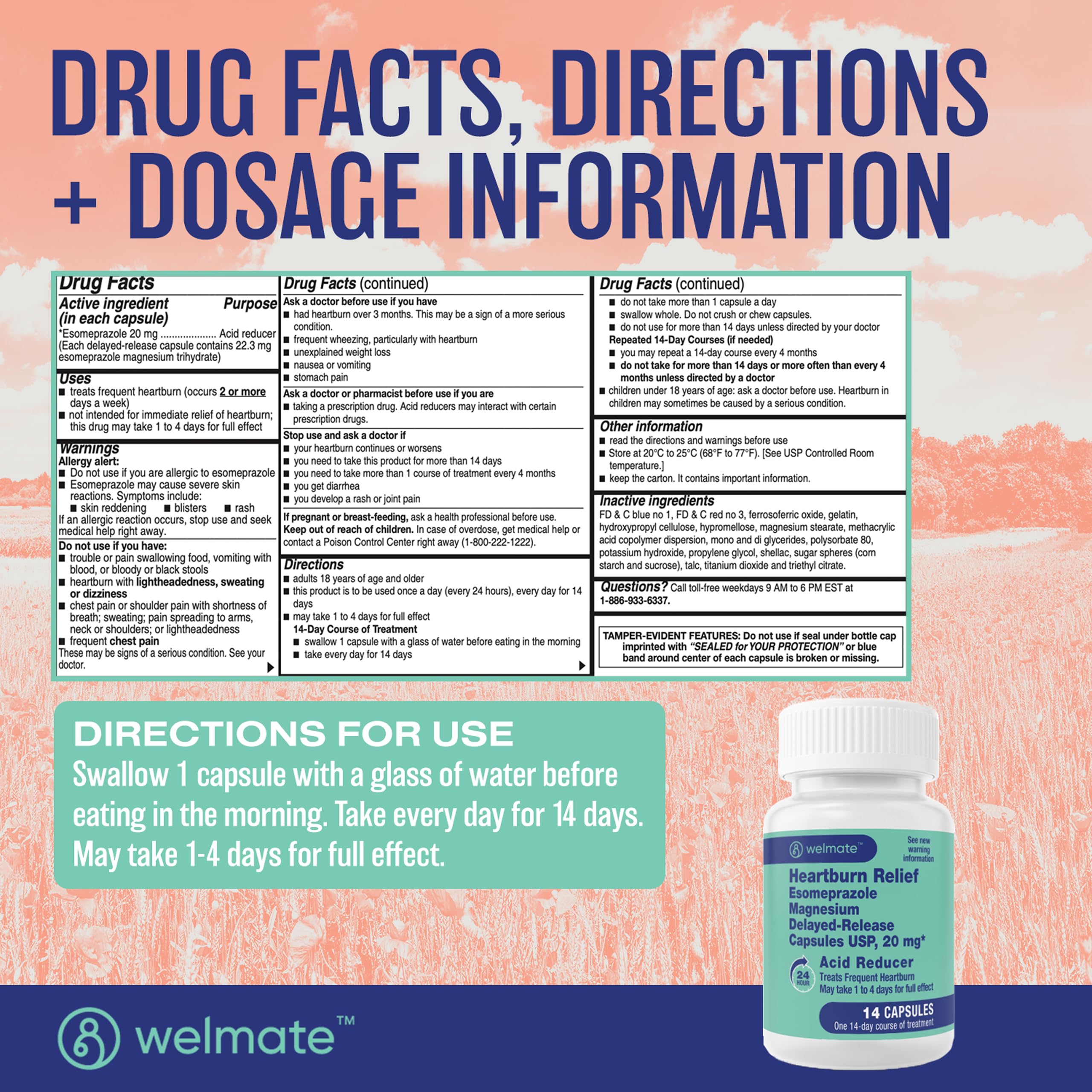 WELMATE Esomeprazole Magnesium 20mg — Heartburn Relief, 24-Hour Protection — 42 Capsules