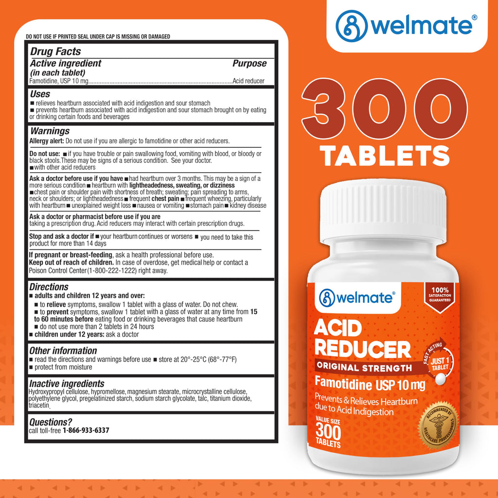 WELMATE Famotidine 10mg Original Strength – Heartburn Relief, 300 Tablets