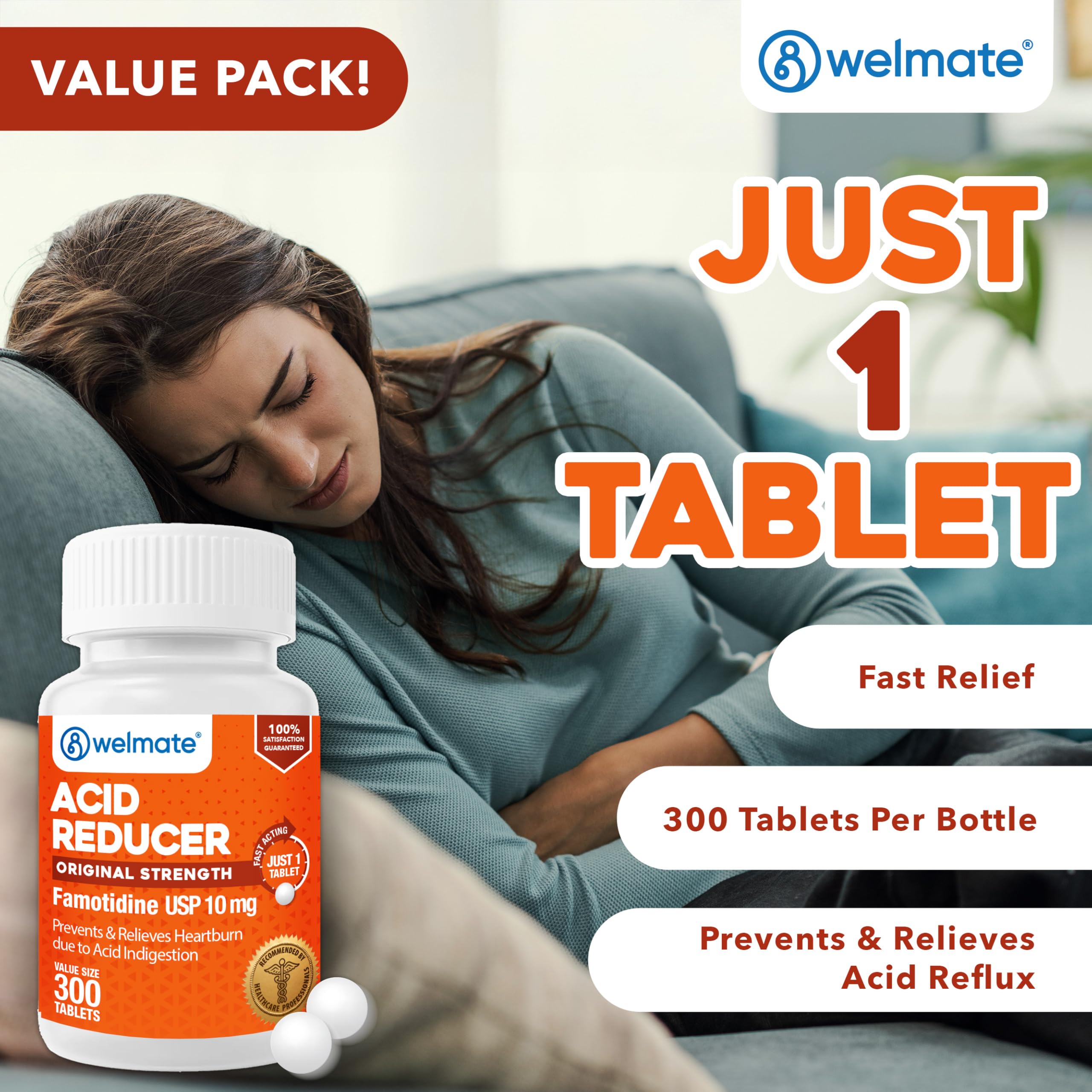 WELMATE Famotidine 10mg Original Strength – Heartburn Relief, 300 Tablets