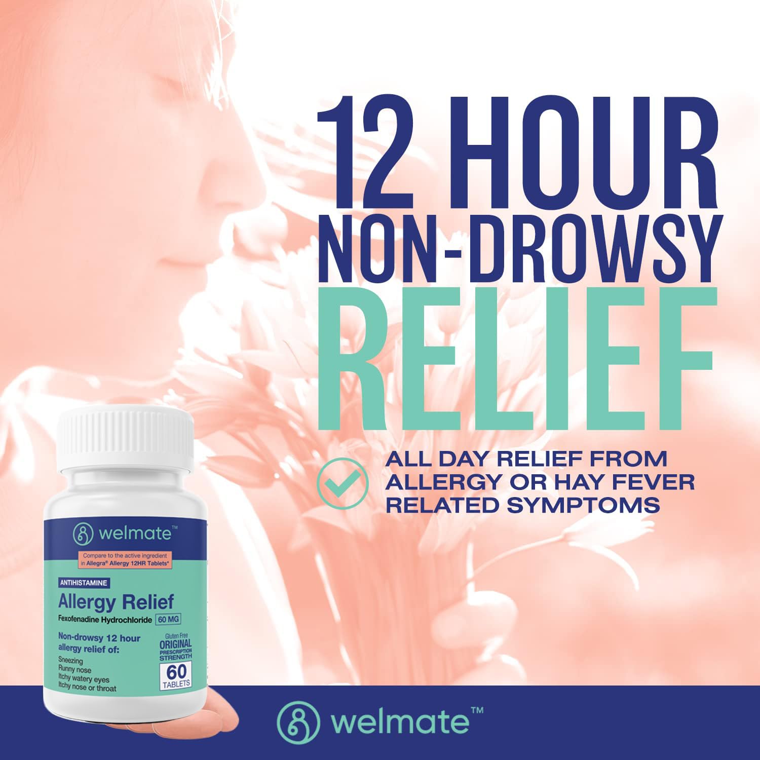 WELMATE Fexofenadine HCl 60mg – 60 Tablets | Non-Drowsy Allergy Relief 12 Hours Gluten Free OTC
