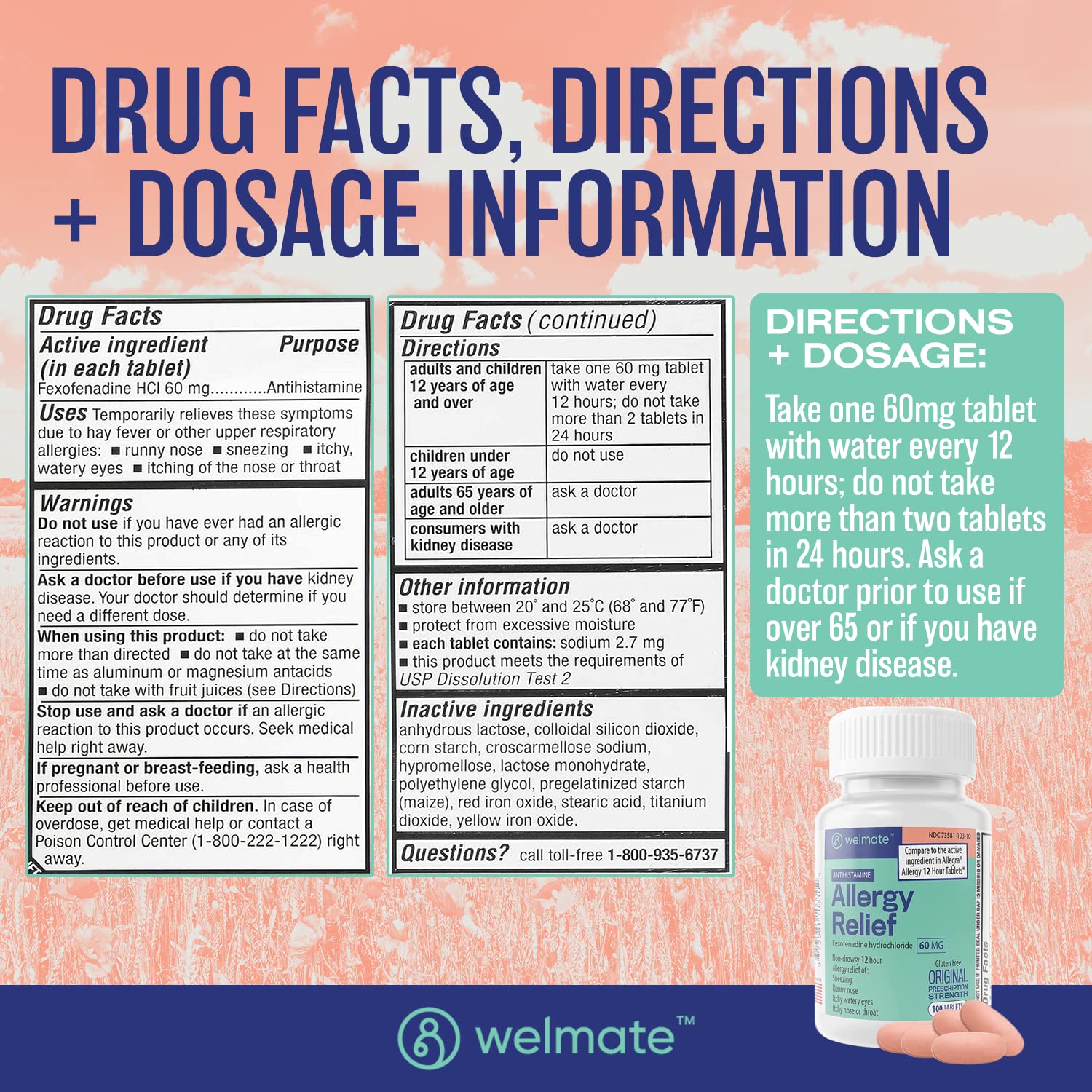 WELMATE Fexofenadine Hydrochloride 60mg (100 Tablets) | Non-Drowsy 12-Hour Allergy Relief