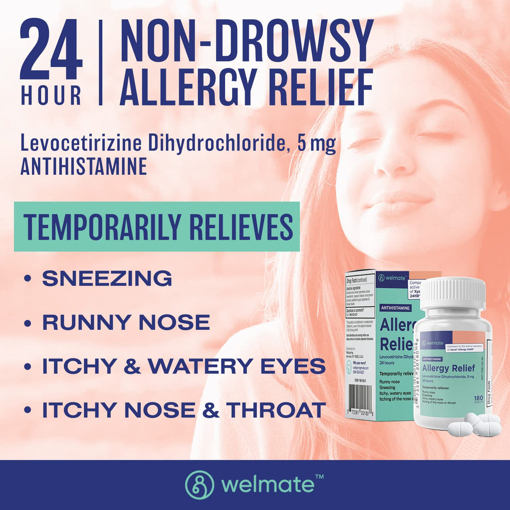 WELMATE Levocetirizine Dihydrochloride 5mg (180 ct) – Non-Drowsy 24-Hour Allergy Relief | OTC Antihistamine