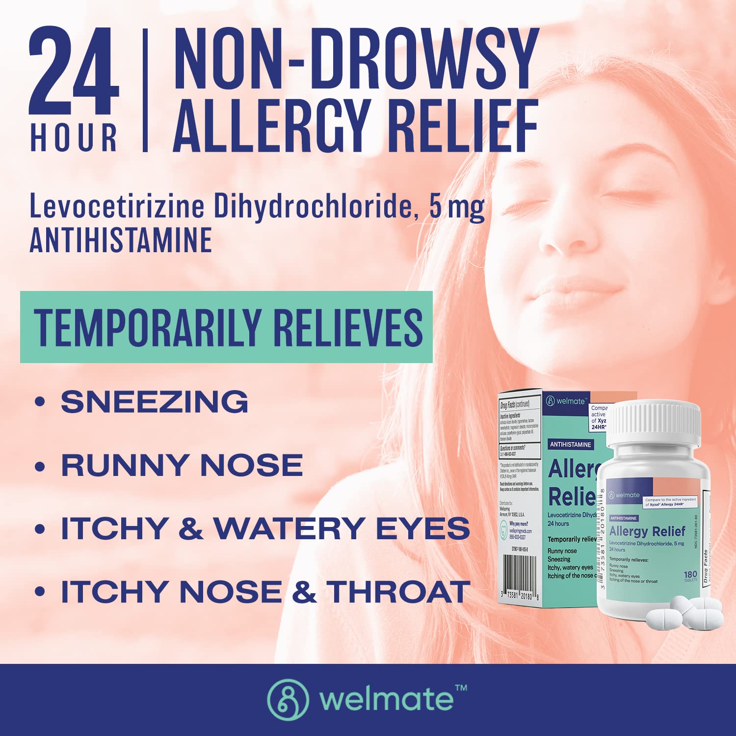 WELMATE Levocetirizine Dihydrochloride 5mg (180 ct) – Non-Drowsy 24-Hour Allergy Relief | OTC Antihistamine