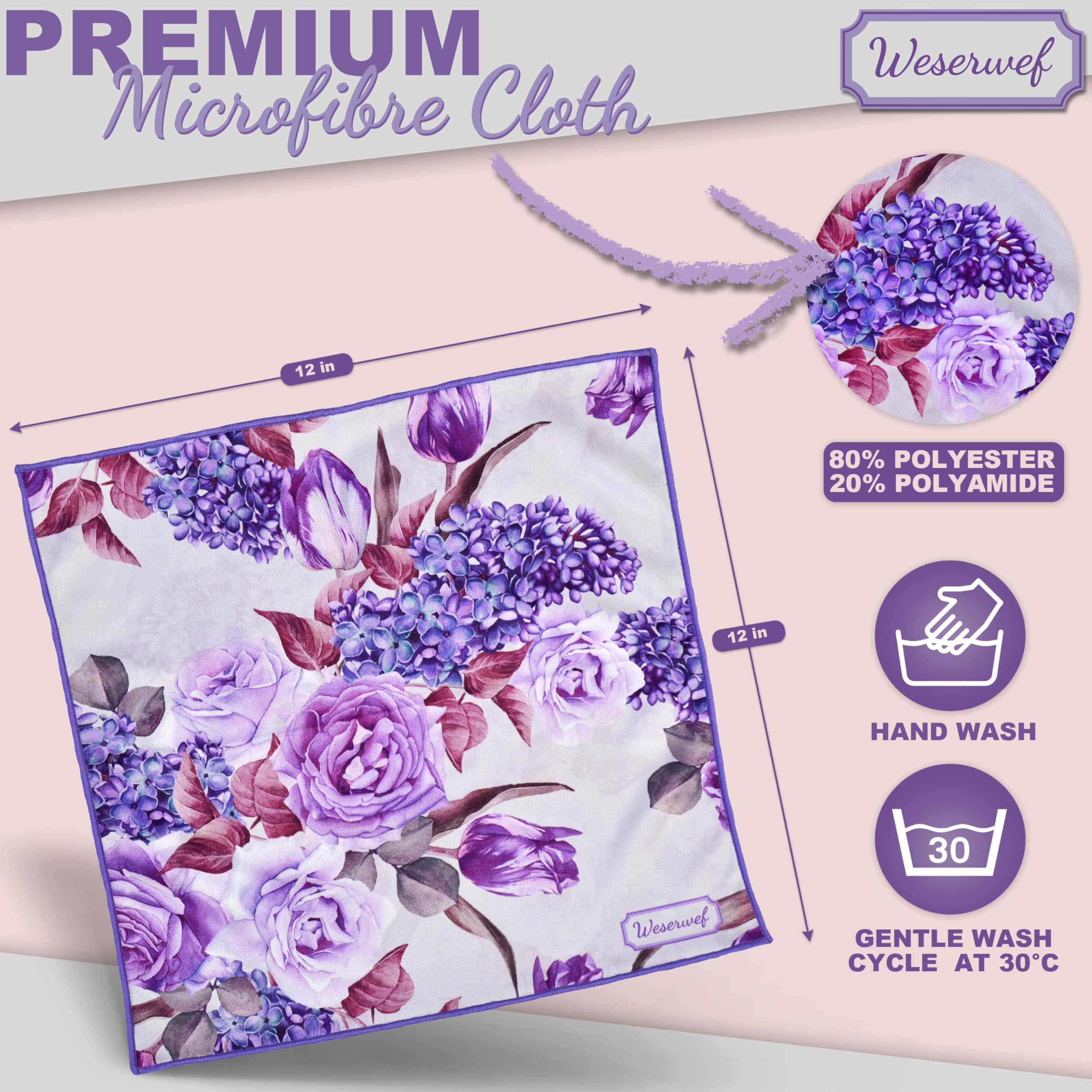Weserwef Design Microfiber Glasses Cleaning Cloth – 12x12 in Rose & Lilac | Ultra-Soft, Scratch-Free