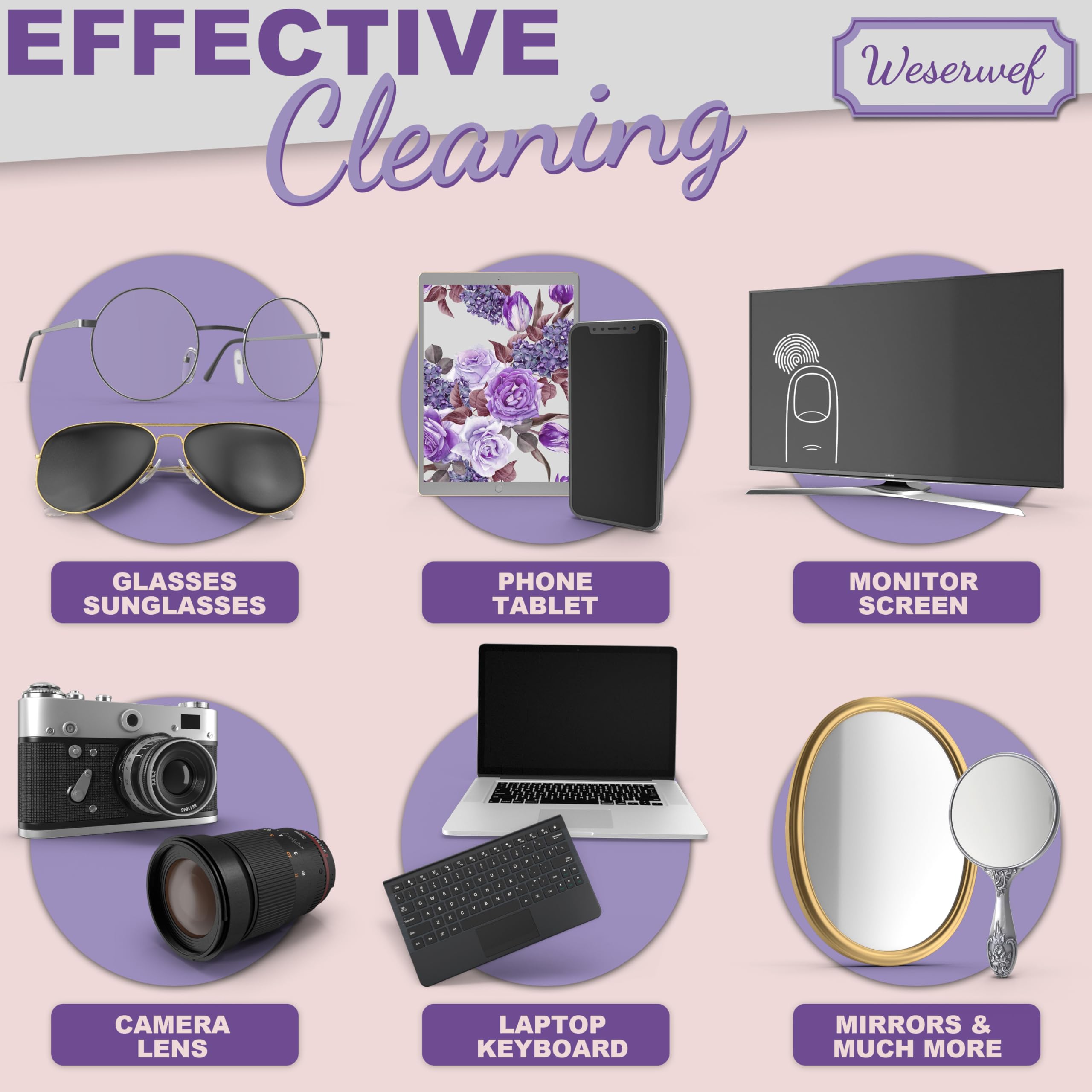 Weserwef Design Microfiber Glasses Cleaning Cloth – 12x12 in Rose & Lilac | Ultra-Soft, Scratch-Free