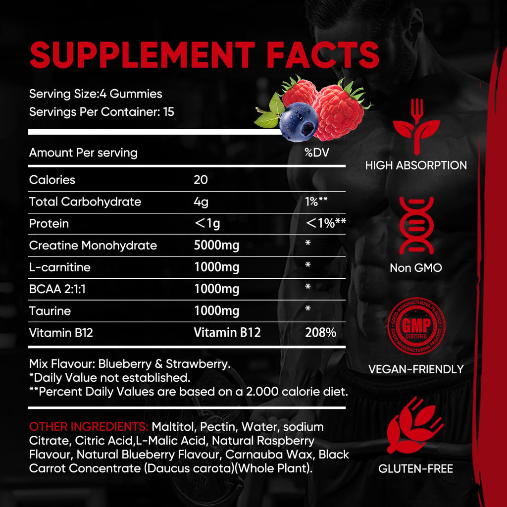 WEVYHFS SPORTS Creatine Gummies 5000mg - Sugar-Free Vegan with BCAA, L-Carnitine & B12