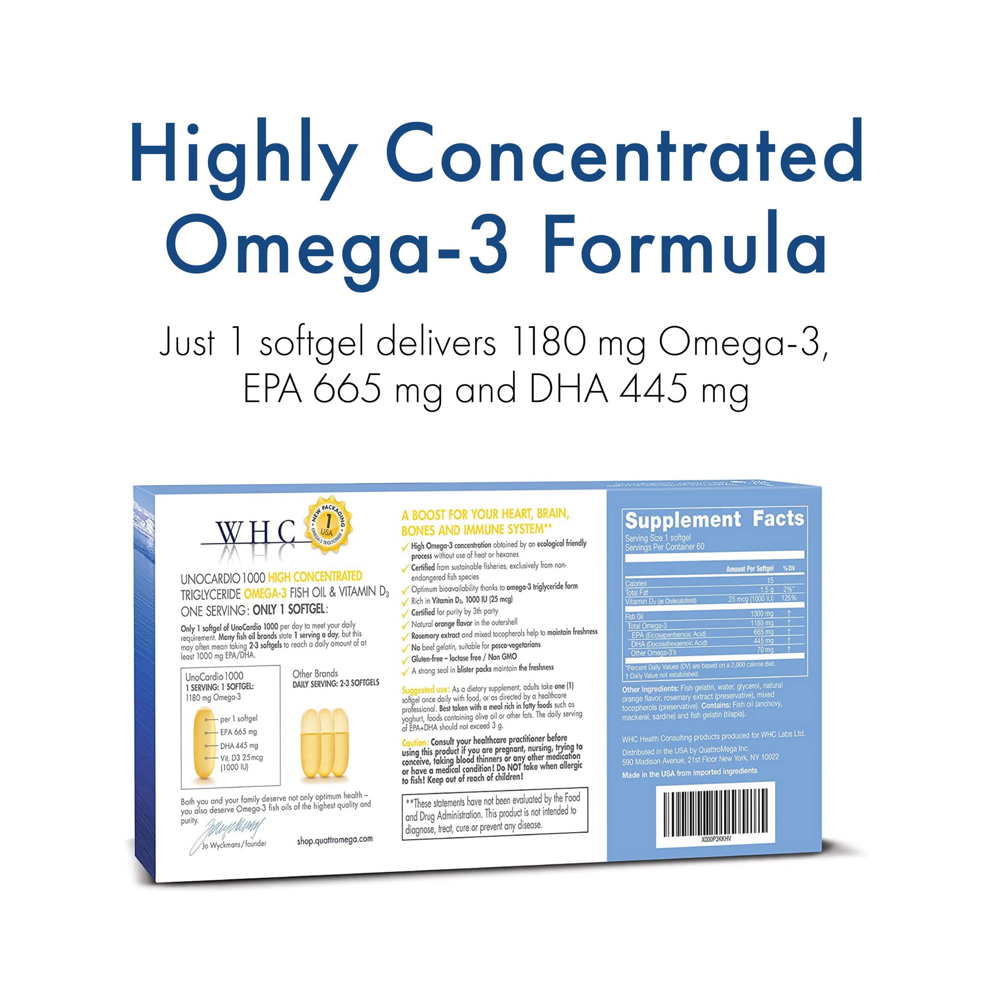 WHC UnoCardio 1000 Fish Oil — 1180 mg Omega-3 per Softgel, EPA 665 mg, DHA 445 mg, Vitamin D3 25 mcg, Orange, 60 Softgels