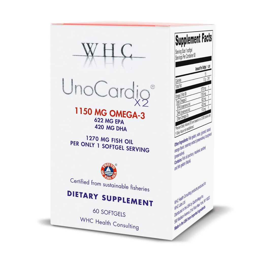 WHC UnoCardio X2 Fish Oil – 1270 mg Omega-3 (EPA 622 mg / DHA 420 mg), r-TG, 60 Softgels
