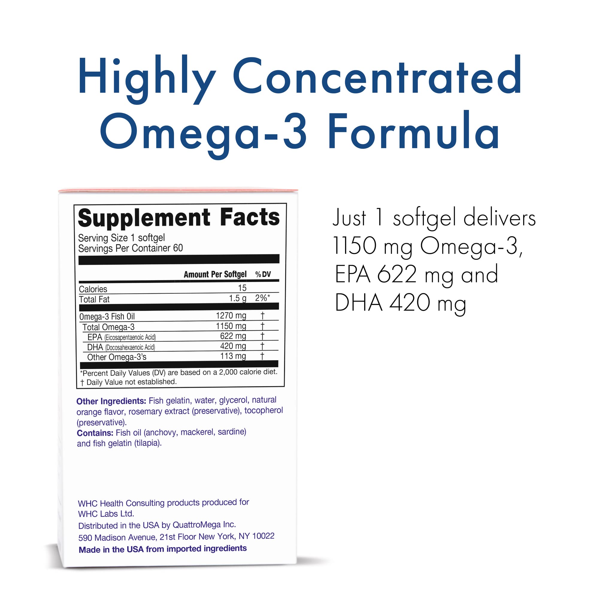 WHC UnoCardio X2 Fish Oil – 1270 mg Omega-3 (EPA 622 mg / DHA 420 mg), r-TG, 60 Softgels