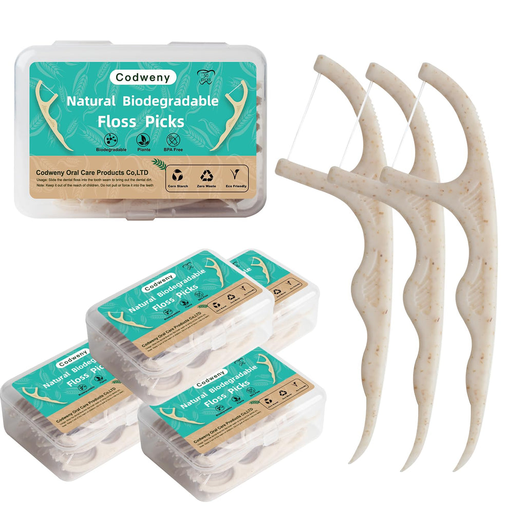 Wheat Straw Biodegradable Dental Floss Picks - 200 Count with 4 Travel Cases | Eco-Friendly Oral Care