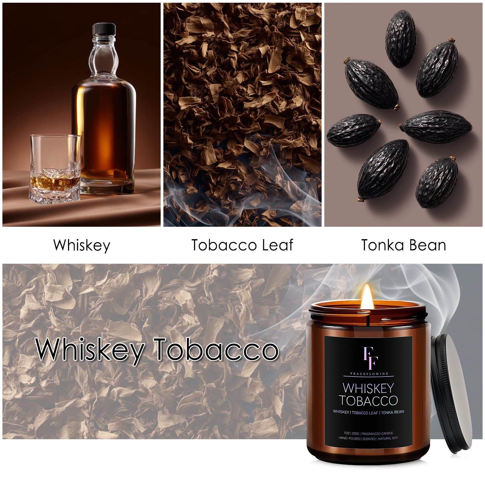 Whiskey & Tobacco Scented Candle – 7oz Soy Wax, Aromatherapy Gift
