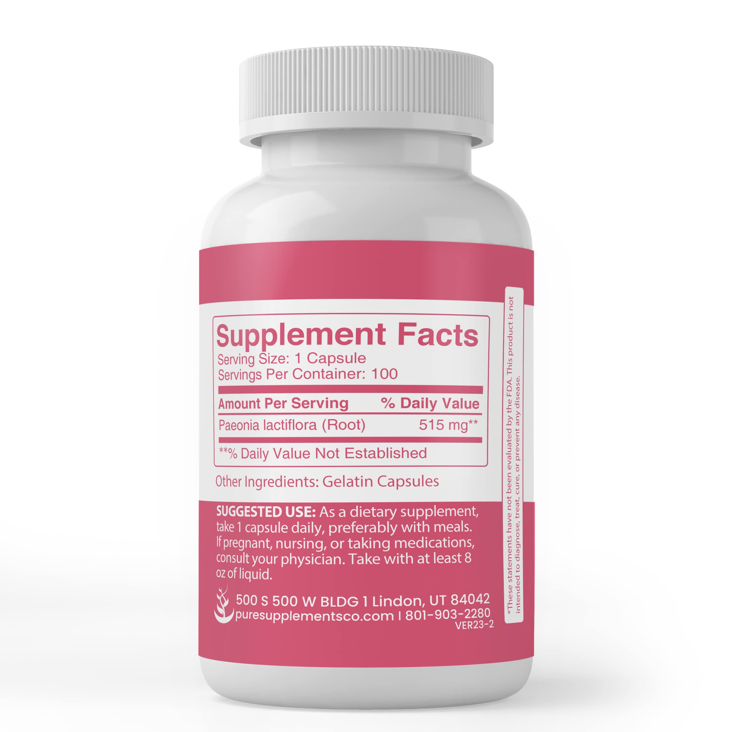 PURE ORIGINAL INGREDIENTS White Peony Capsules – 100 Count, Lab Verified