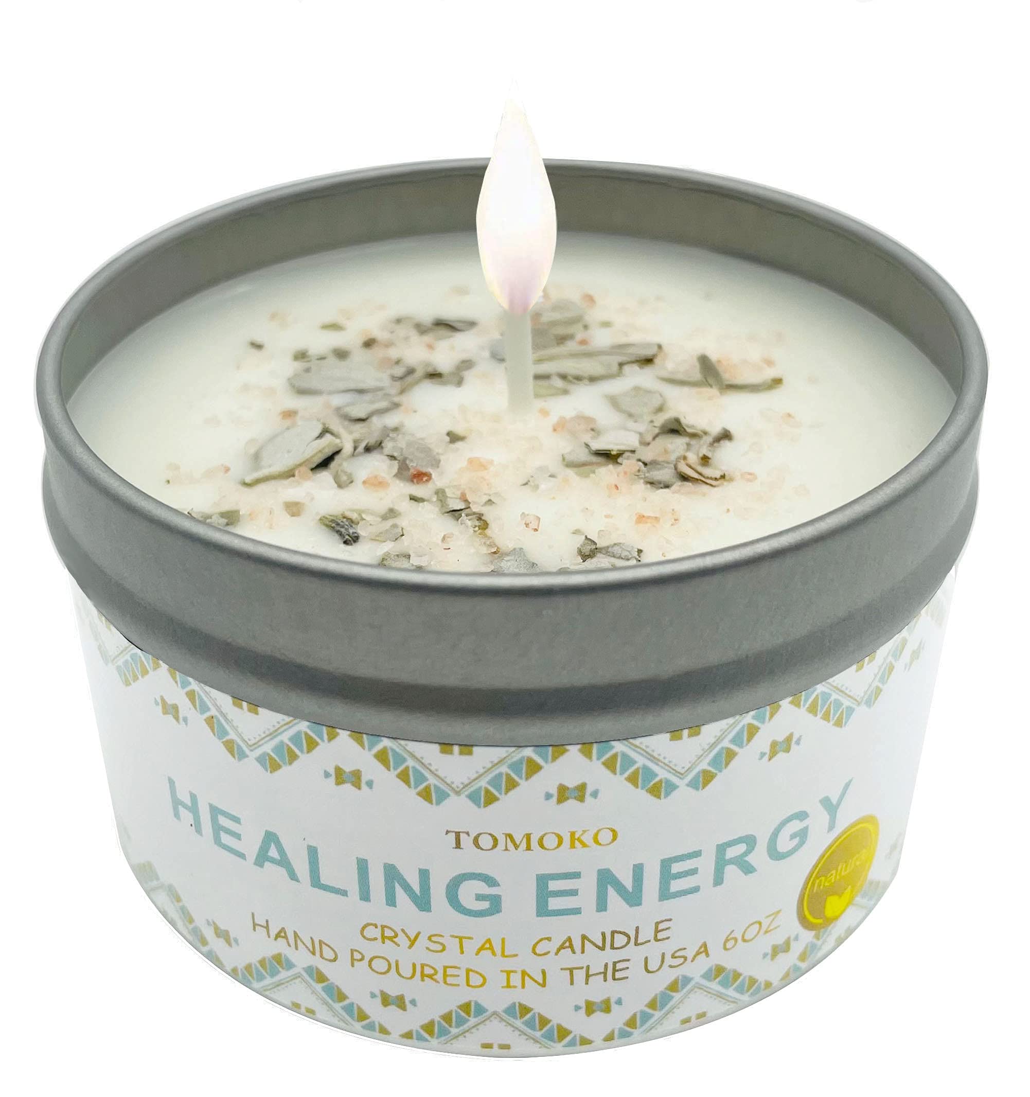 White Sage Candle with Sage Leaf, Himalayan Crystal Salt & Essential Oil | Healing Energy