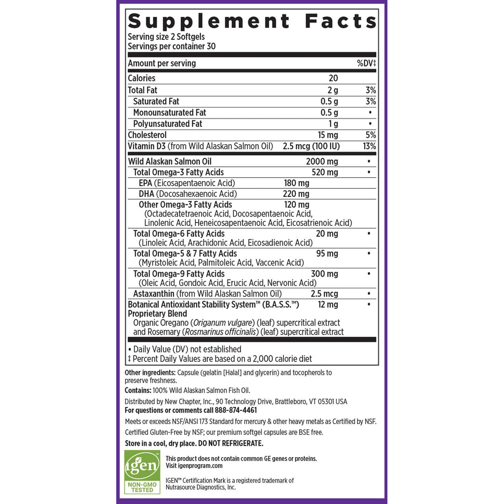 New Chapter Wholemega Fish Oil – 2000mg per Serving, Wild Alaskan Salmon Oil + Vitamin D3, 60 Softgels
