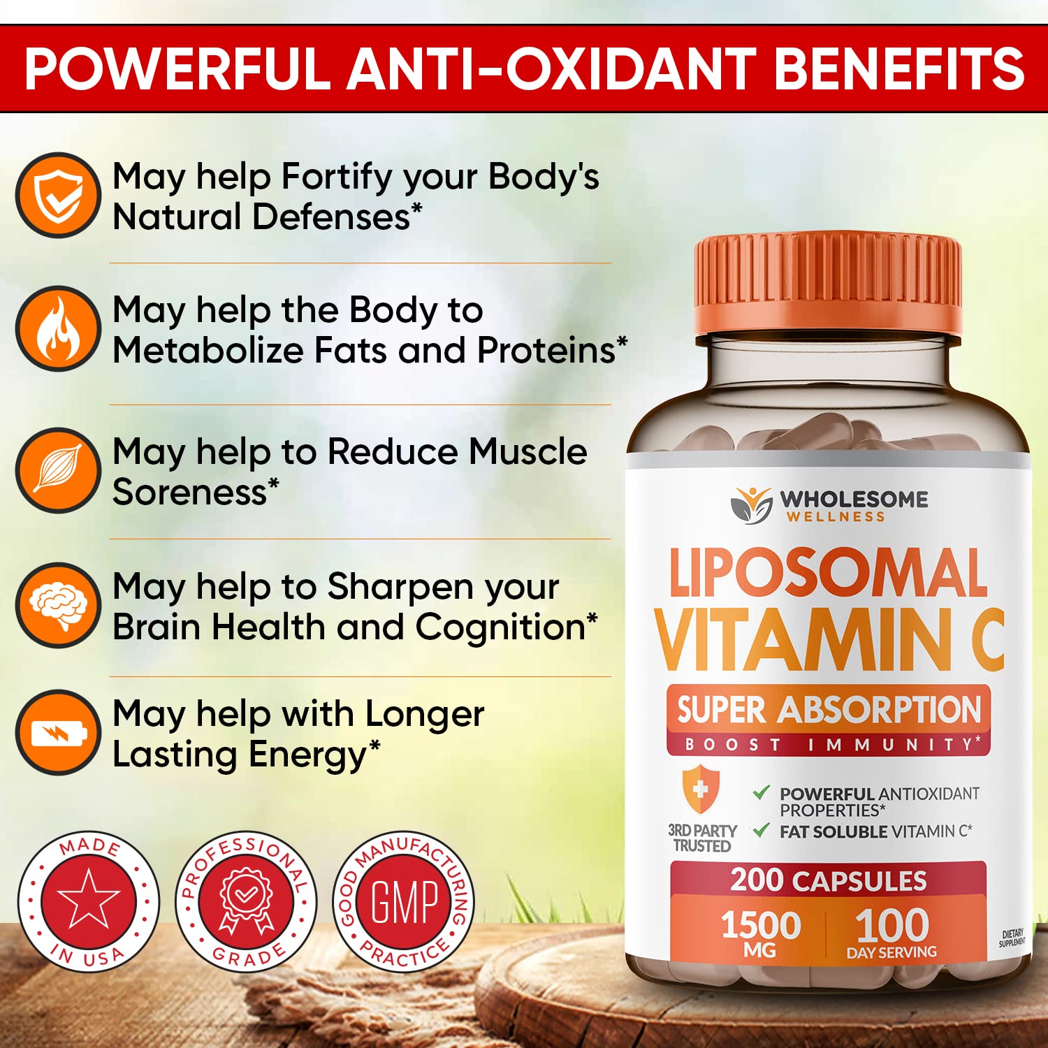 Wholesome Wellness Liposomal Vitamin C - 200 Capsules, 1500mg | High Absorption