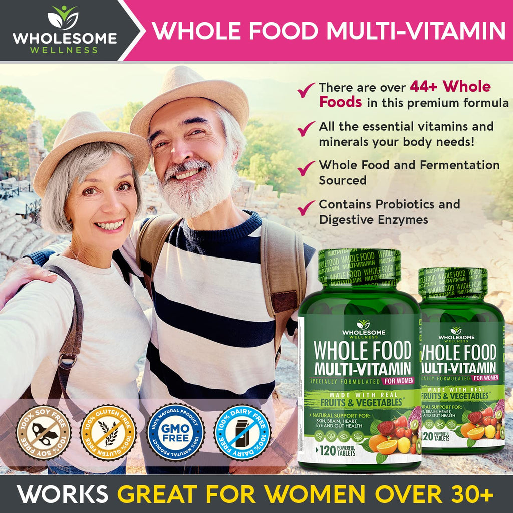 Wholesome Wellness Whole Food Multivitamin for Women - Natural Vitamins, Minerals, Organic Extracts - 120 Tablets