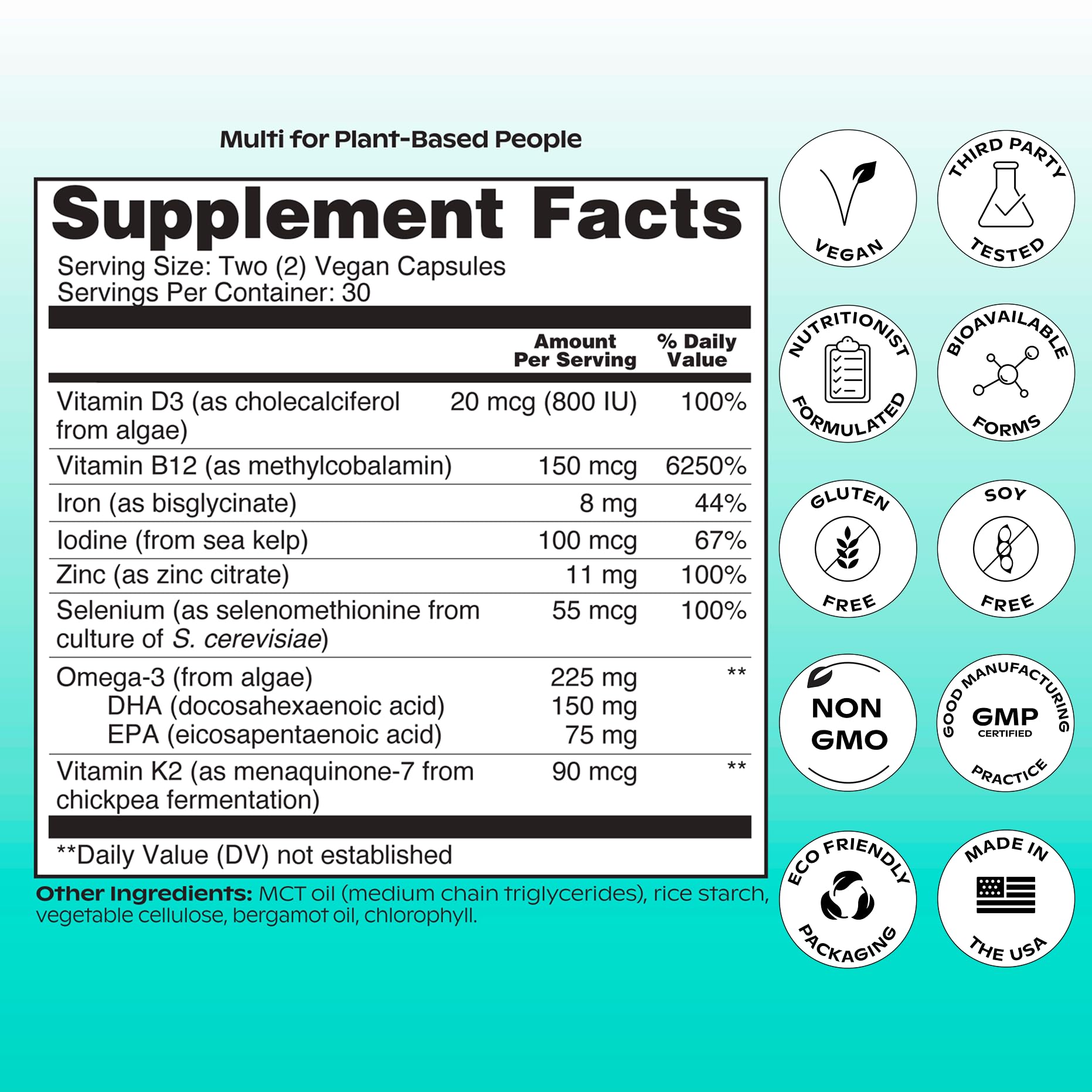 Wholier Plant Based Multivitamin – Vegan Omega-3 DHA/EPA, D3, B12, Zinc, K2, Iron, Iodine, Selenium | 60 Count Glass Bottle
