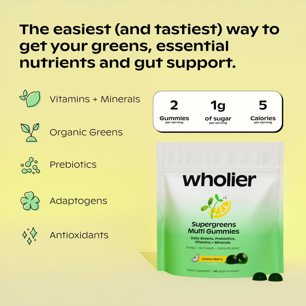Wholier Supergreens Multi Gummies – Daily Greens with Prebiotics, Adaptogens & 9 Essential Vitamins | 60 Gummies