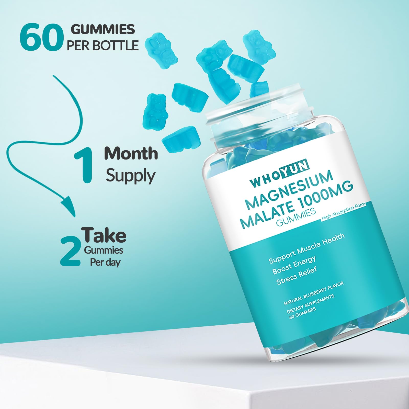 Whoyun Magnesium Malate Gummies 1000mg | Enhanced Absorption, Energy & Muscle Health | 60 Count