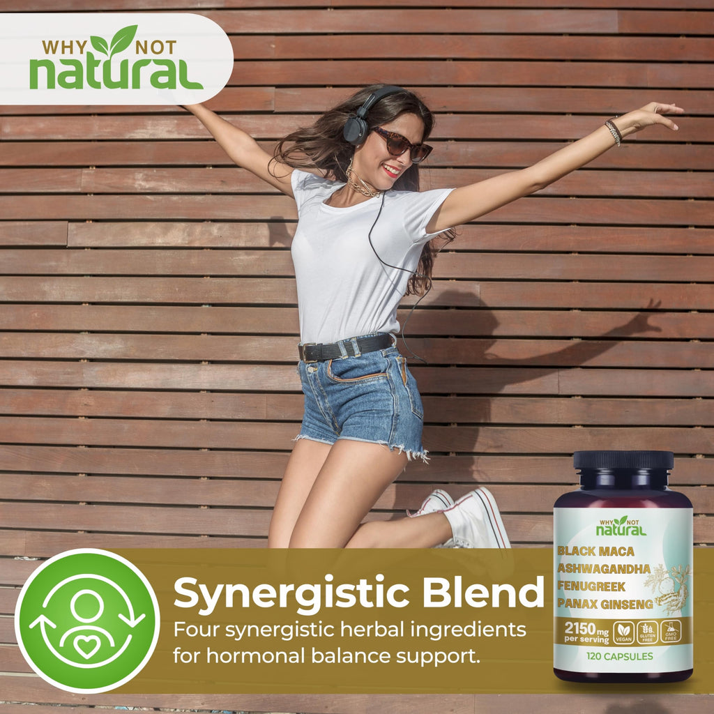 Why Not Natural 4-in-1 Organic Black Maca Root, Ashwagandha, Fenugreek, Panax Ginseng Capsules, Supplement for Men and Women