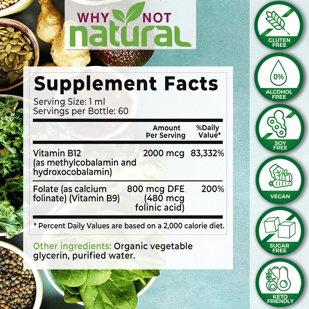 Why Not Natural Vitamin B12 Liquid + Folate - Organic Sublingual Drops, Vegan