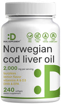 Wild Caught Cod Liver Oil 2,000mg | 240 Softgels | Burpless Lemon Flavor