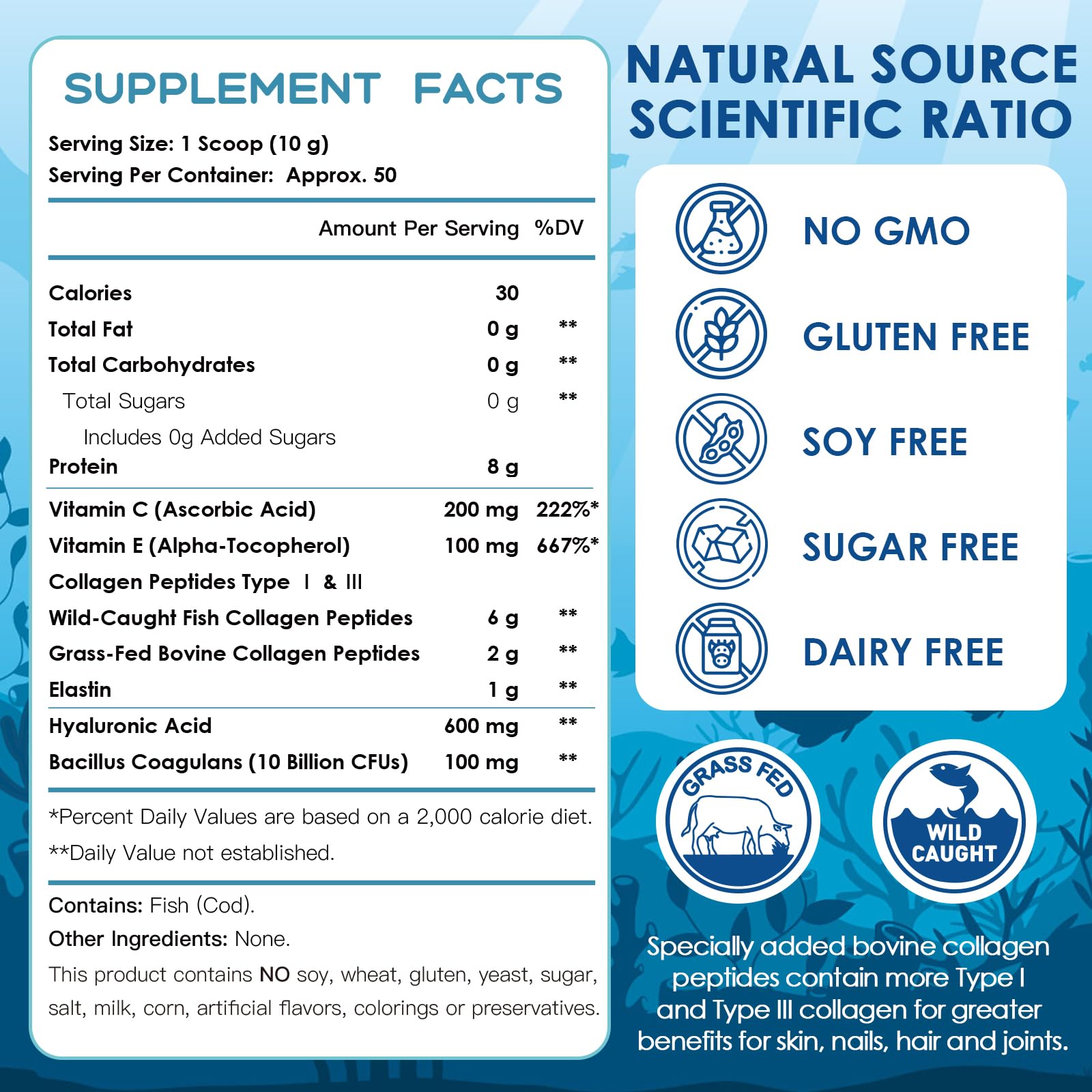 NATURE TARGET Marine Collagen Powder for Women - Hair, Skin, Nails & Joints - 50 Servings