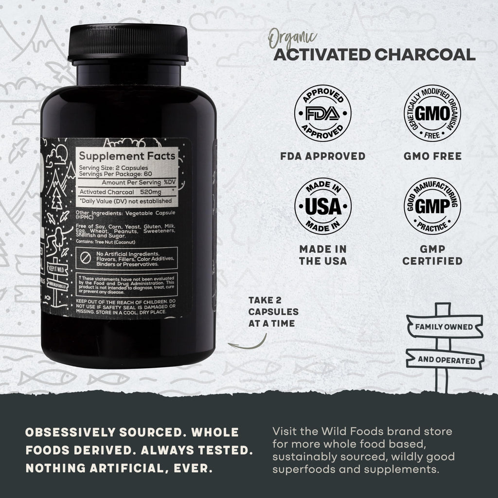 Wild Foods Activated Charcoal Capsules | 100% Organic Coconut Shells | USA Made & Lab Tested Detox Pills (Three Bottles - 120 Capsules)