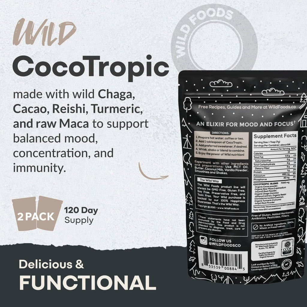 Wild Cocotropic Organic Mushroom Cocoa Mix - Sugar Free, Keto & Paleo (2x16oz)