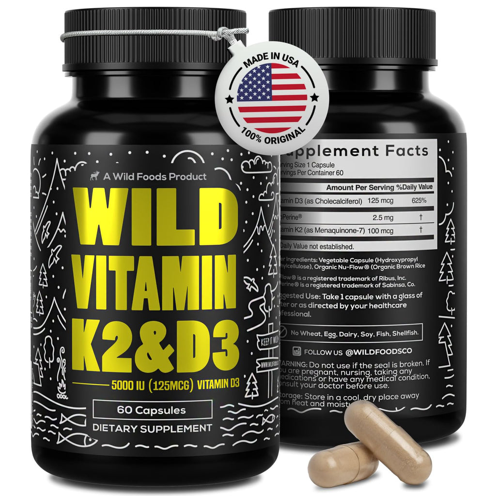 Wild Foods 5000 IU Vitamin D3 + K2 MK-7 | Plant-Based, Non-GMO