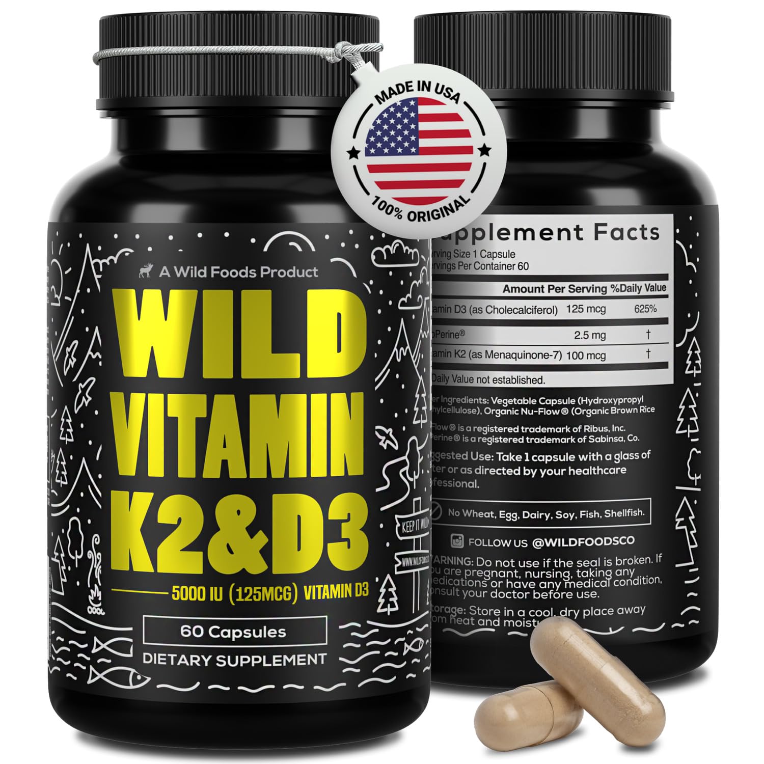 Wild Foods 5000 IU Vitamin D3 + K2 MK-7 | Plant-Based, Non-GMO