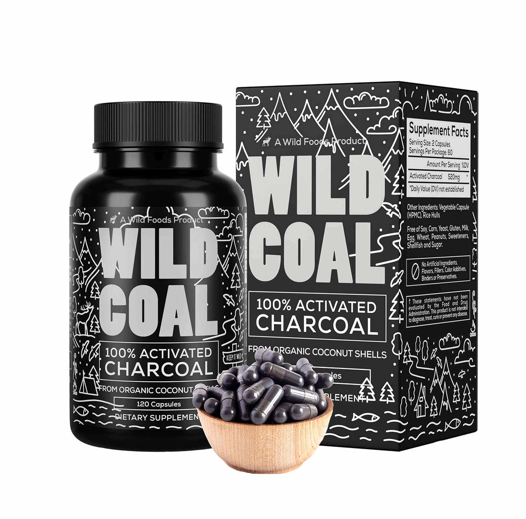 Wild Foods Activated Charcoal Capsules – 100% Organic Coconut Shells, Made in USA (120 Ct)