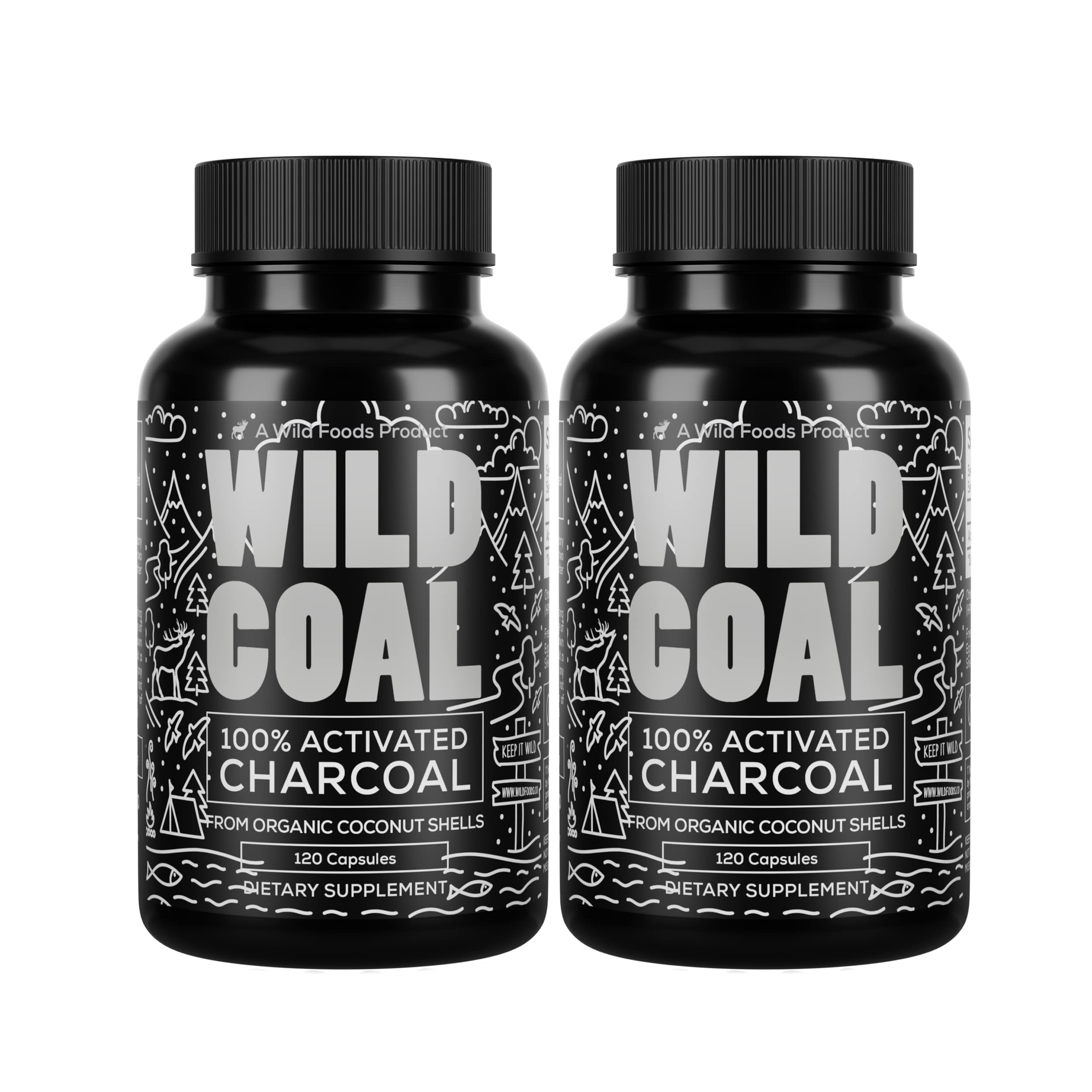 Wild Foods Activated Charcoal Capsules – 120 Capsules (Two Bottles) | Organic Coconut Shells | Lab Tested & Non-GMO | Detox & Bloating Relief | USA