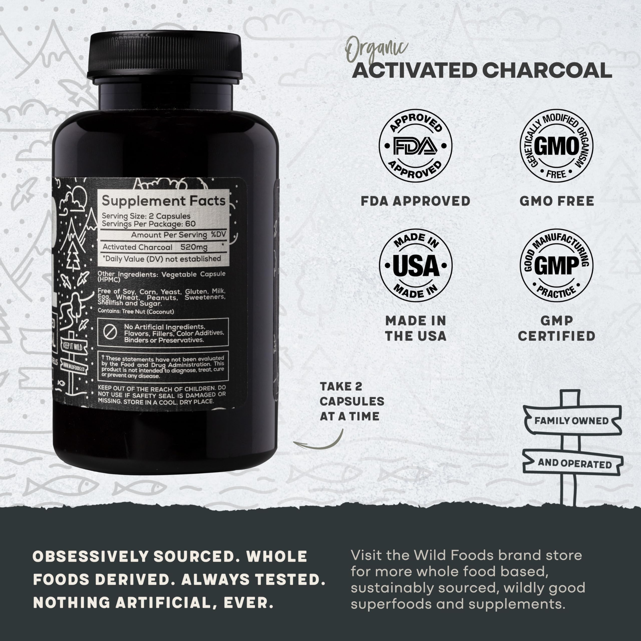 Wild Foods Activated Charcoal Capsules – 120 Capsules (Two Bottles) | Organic Coconut Shells | Lab Tested & Non-GMO | Detox & Bloating Relief | USA