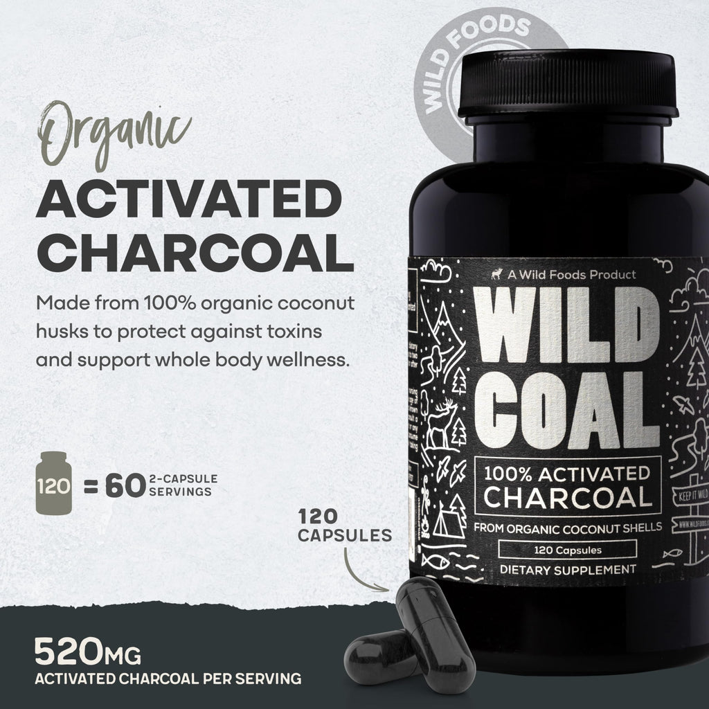 Wild Foods Activated Charcoal Capsules – 120 Capsules (Two Bottles) | Organic Coconut Shells | Lab Tested & Non-GMO | Detox & Bloating Relief | USA