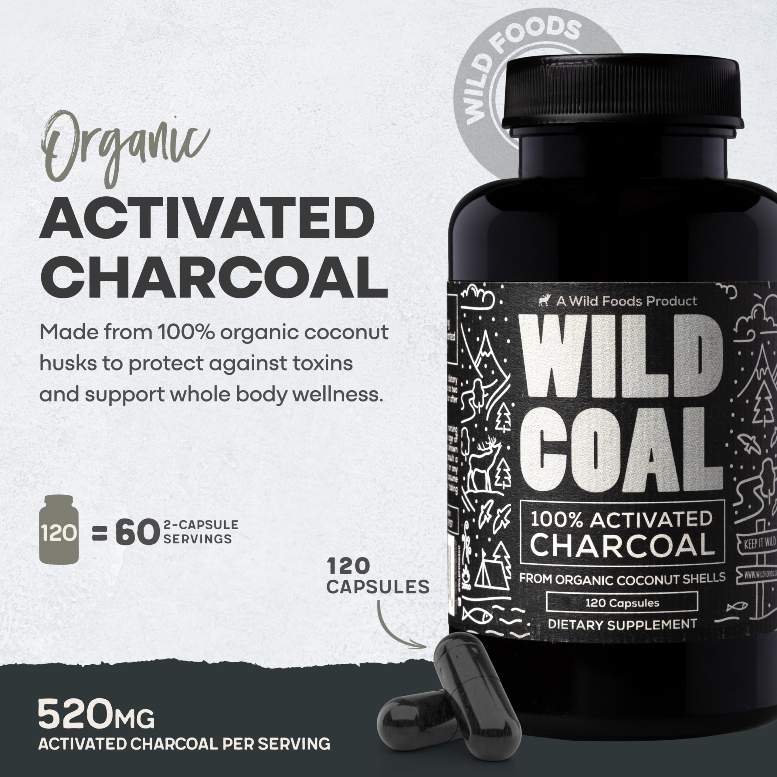 Wild Foods Activated Charcoal Capsules – 120 Capsules (Two Bottles) | Organic Coconut Shells | Lab Tested & Non-GMO | Detox & Bloating Relief | USA