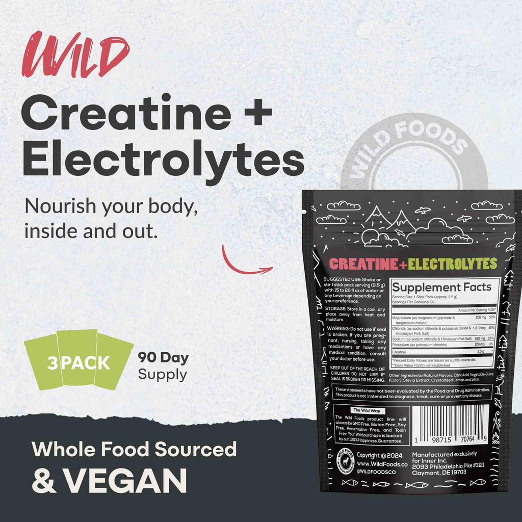 Wild Foods Creatine & Electrolytes Powder Packets – Dragonfruit, 20 Packets | Pre-Workout Hydration & Performance
