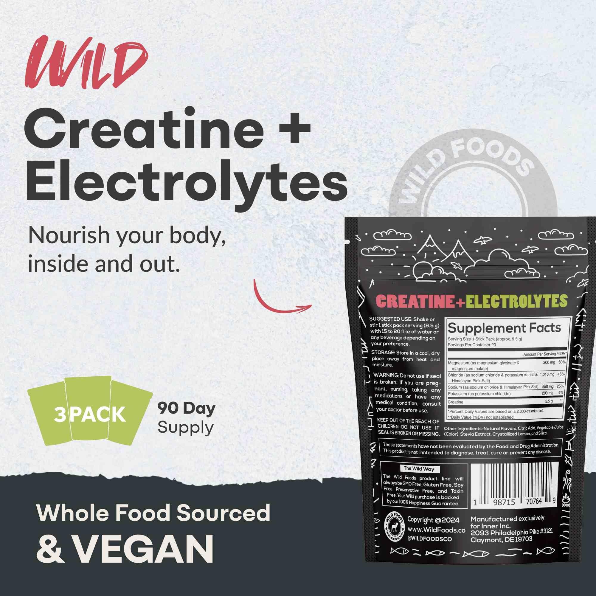 Wild Foods Creatine & Electrolytes Powder Packets – Dragonfruit, 20 Packets | Pre-Workout Hydration & Performance