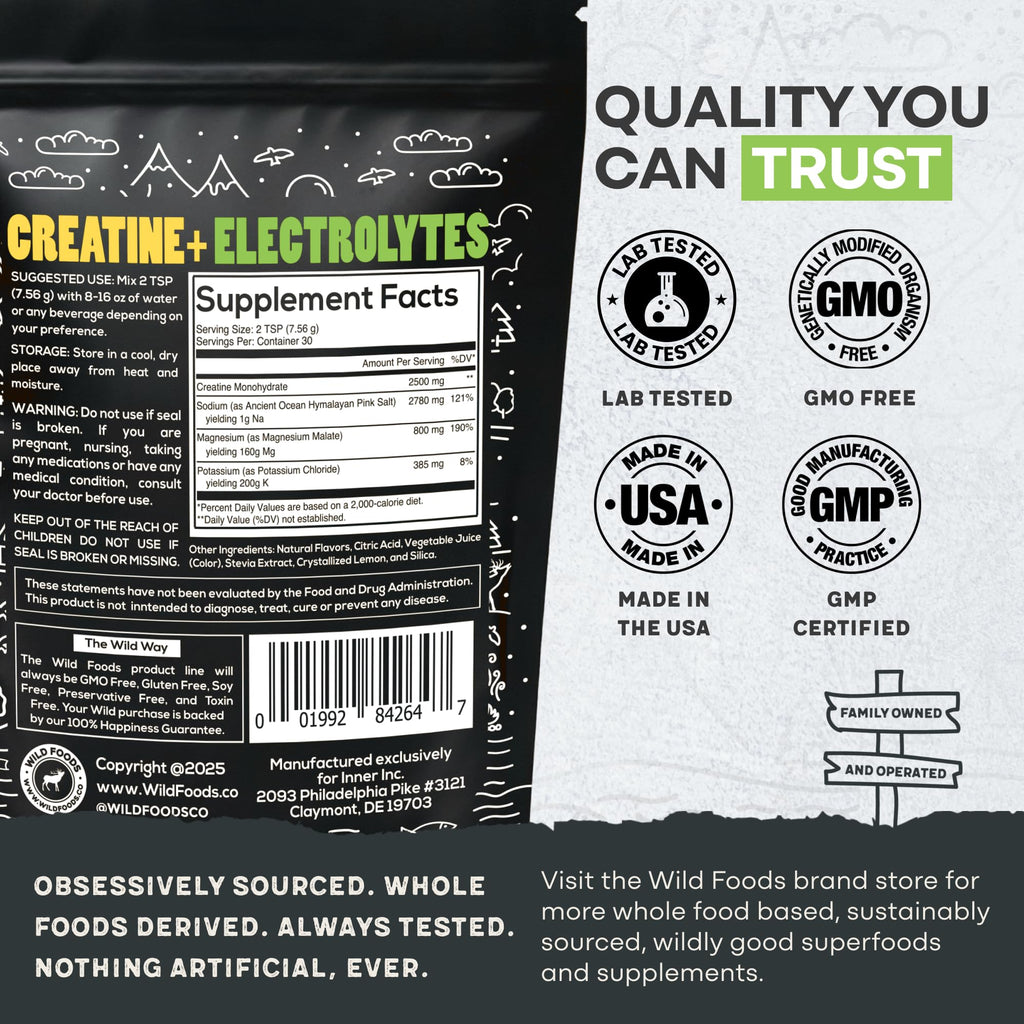 Wild Foods Creatine + Electrolytes Powder – Lemon & Lime (8 oz, 30 Servings) | 2.5 g Creatine