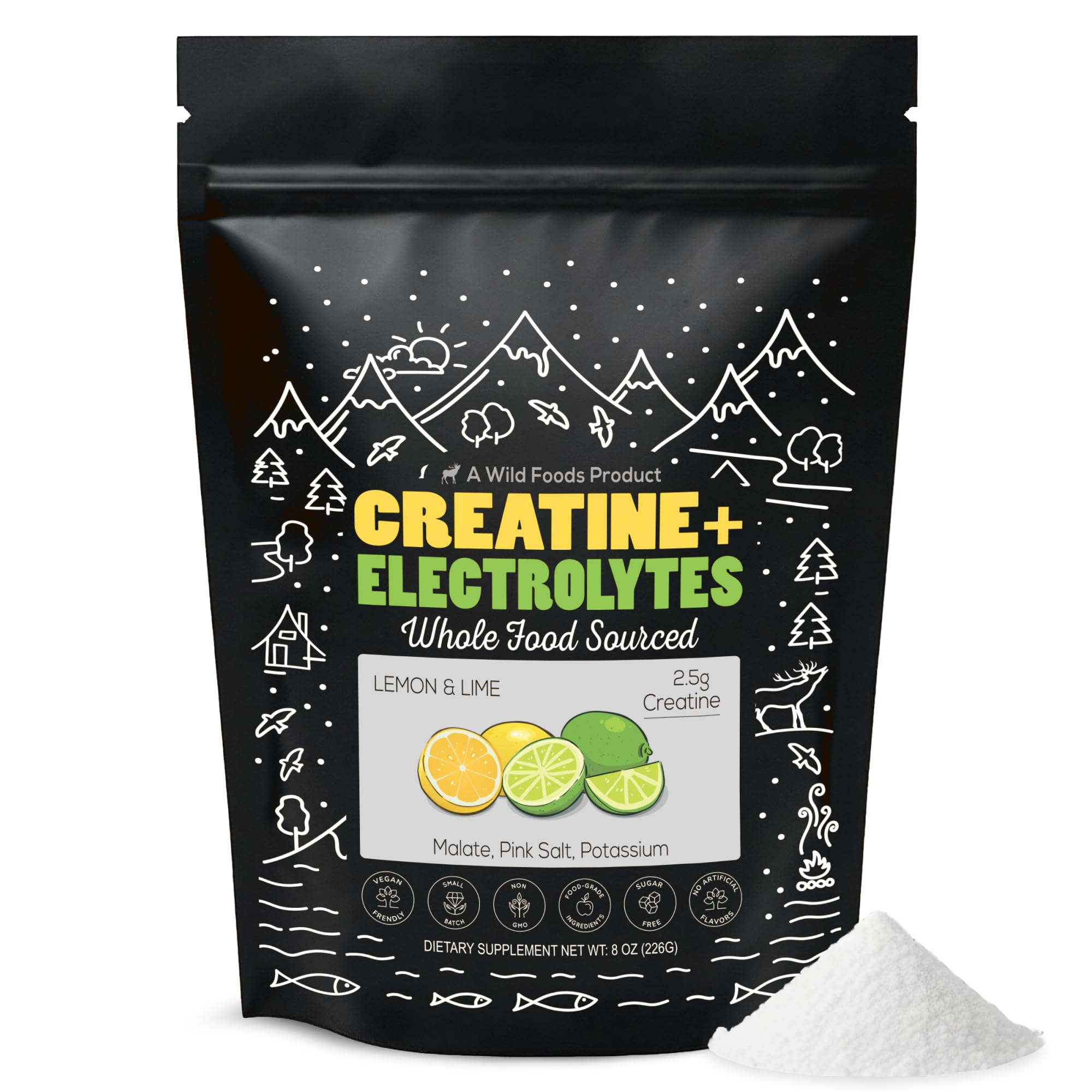 Wild Foods Creatine + Electrolytes Powder – Lemon & Lime (8 oz, 30 Servings) | 2.5 g Creatine
