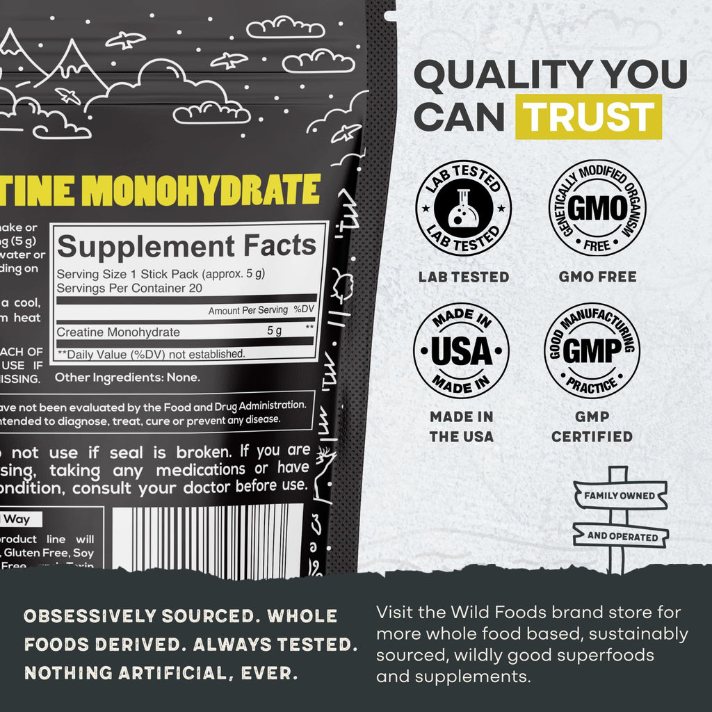 Wild Foods 100% Creatine Monohydrate Packets – 20 Packets, 5g per Serving, USA Made