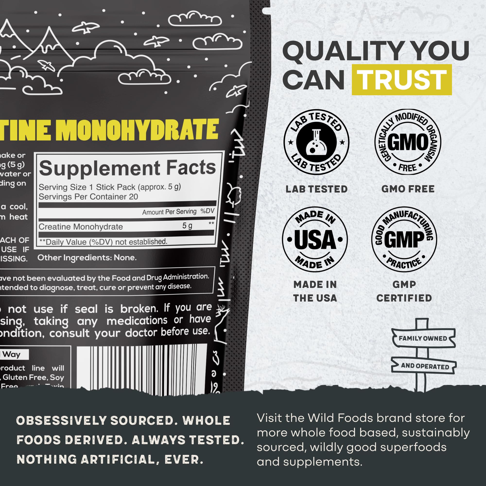 Wild Foods 100% Creatine Monohydrate Packets – 20 Packets, 5g per Serving, USA Made