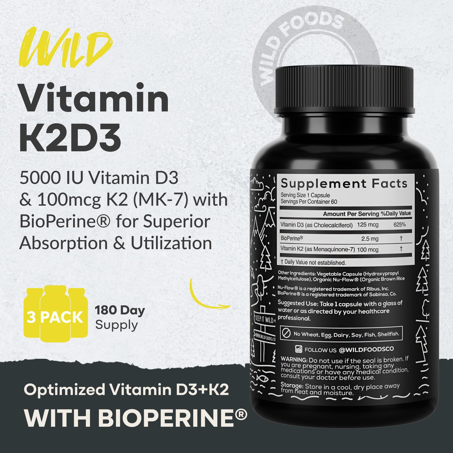 Wild Foods Vitamin D3 5000 IU + K2 MK-7 with Black Pepper - Plant-Based, Non-GMO, 60 Capsules | Made in USA