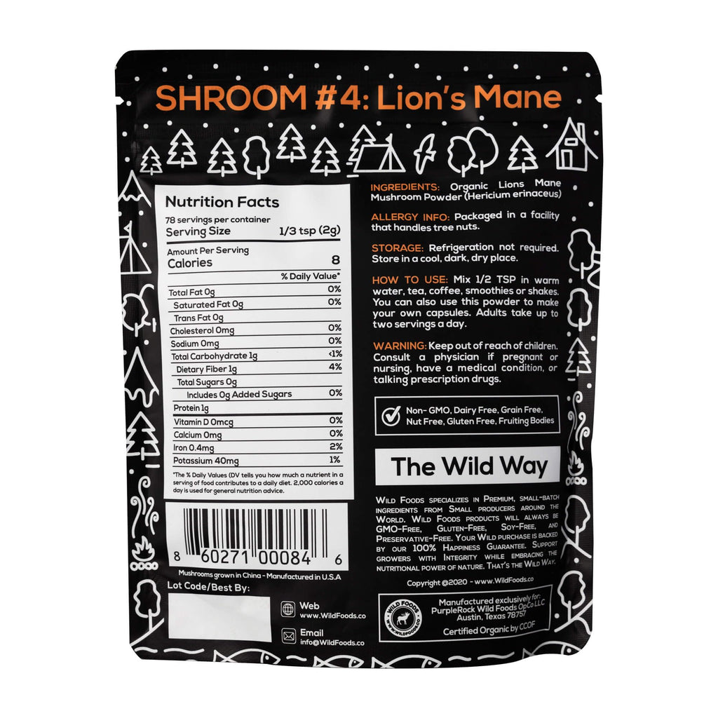Wild Foods Lions Mane Powder 10:1 Organic Mushroom Extract – 4 oz Pack of 2 | Brain Health & Focus
