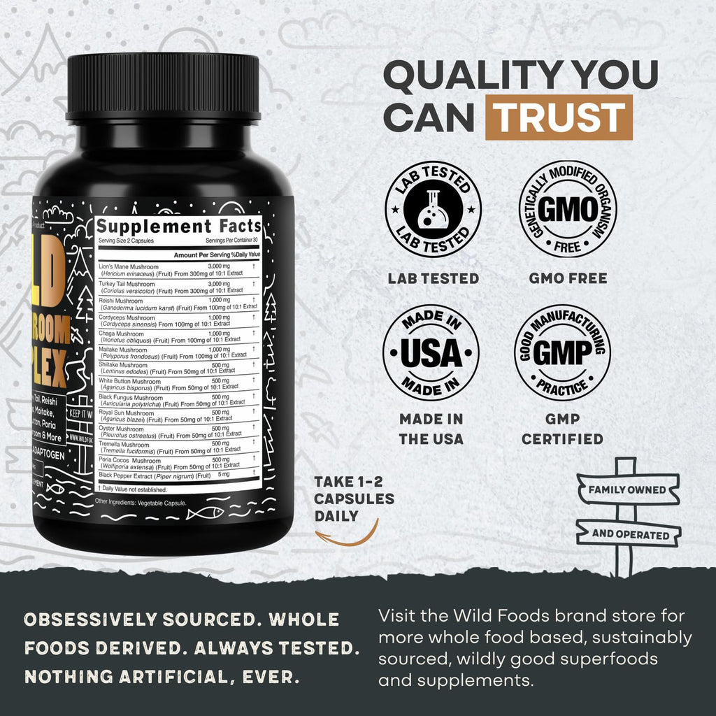Wild Foods Premium Mushroom Complex - 13 Organic Mushrooms, 10:1 Extract, 60 Capsules